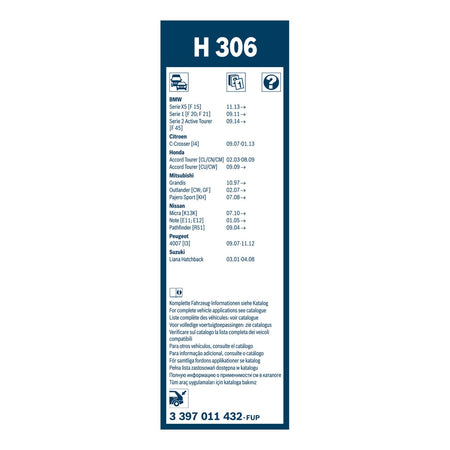 Bosch Rear Window Windscreen Wiper Blade 3397011432 300mm H306 Bosch Rear Window Windscreen Wiper Blade 3397011432 300mm H306