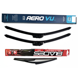 Two black wiper blades displayed alongside their retail packaging on a plain white background. The left package is blue and white labeled Aero VU Multi-Leaf Intended Blade, and the right package is red and black labeled Blades Direct Fit Wiper Blade.