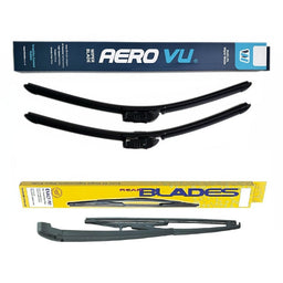 Two windshield wiper blades shown beside their retail packaging on a white background. The left package is dark blue with white and light blue AeroVU branding, and the right package is yellow with blue AeroBlades branding.