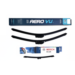A pair of black windshield wiper blades shown with their retail packaging on a plain white background. The packaging includes visible Bosch and Aero VU branding.