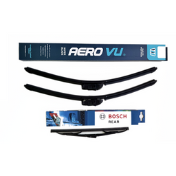 A pair of black Aero VU wiper blades shown next to their retail packaging boxes, including a Bosch Rear box, on a plain white background.