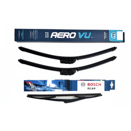 Two black car windshield wiper blades shown with their retail packaging on a plain white background. One package is labeled AeroVu Wiper Blade and the other is labeled Bosch Rear.
